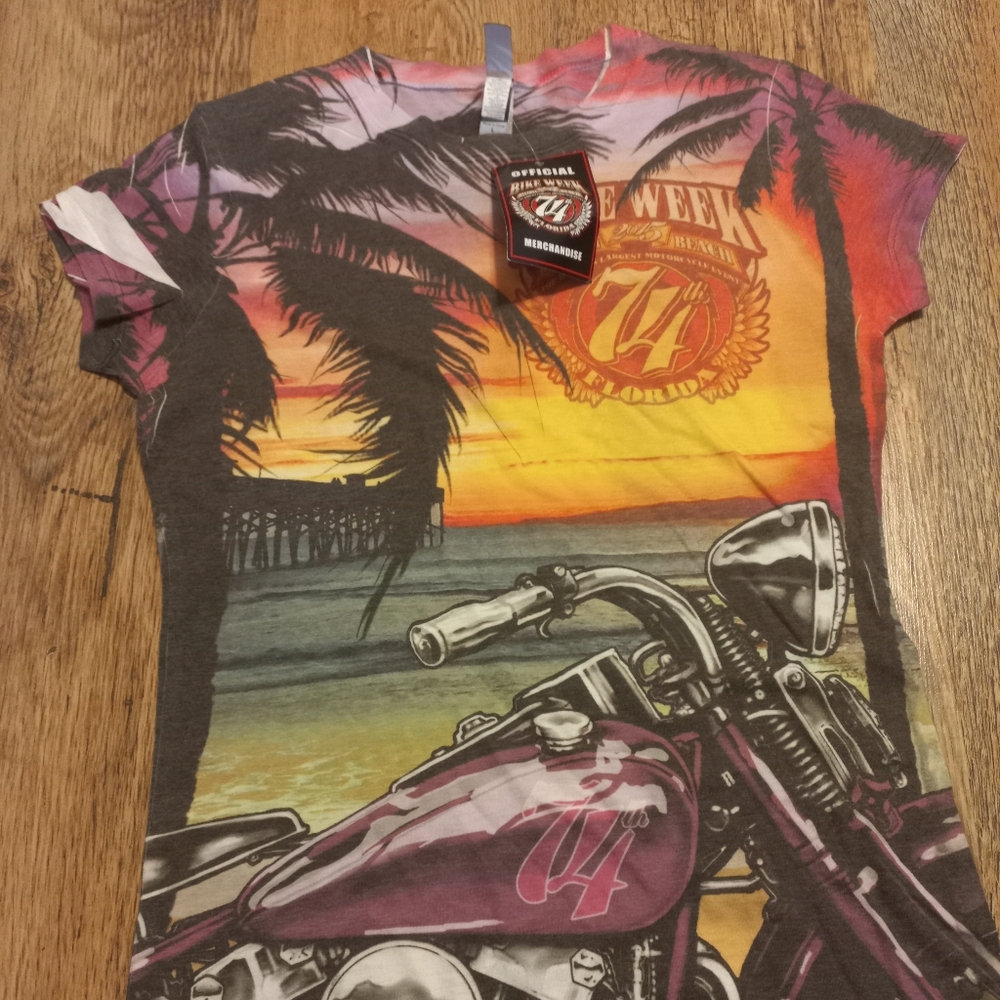 Daytona Bike Week 2015 74th Annual Womens Colorful Motorcycle T Shirt Size L NWT
